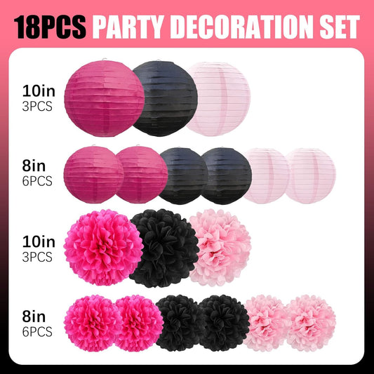 18 PCS Tissue Paper Pom Poms, Tissue Pom Poms Flowers, Sizes of 6", 10", 12", 14" Hanging Paper Flower Ball for Wedding, Birthday, Halloween, Christmas, Baby Shower Party Decor (Red Black Gold)