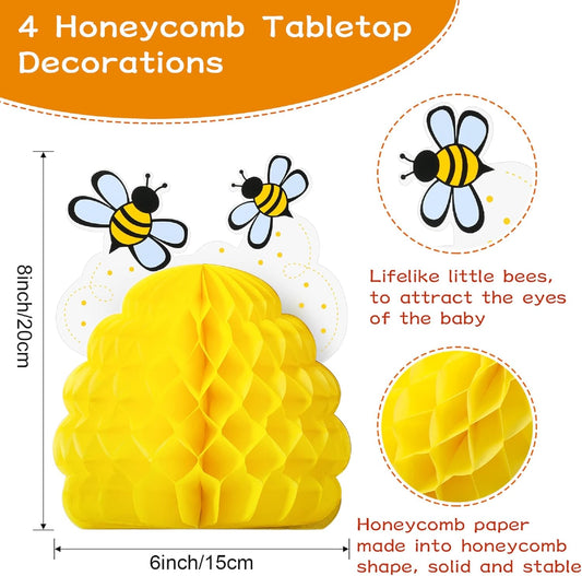 Zonon 4 Pieces Honey Bee Centerpieces Honeycomb Decorations Yellow Bee Honeycomb Table Centerpieces with Sunflower Stickers for Bee Day Gender Reveal Birthday Party Decoration