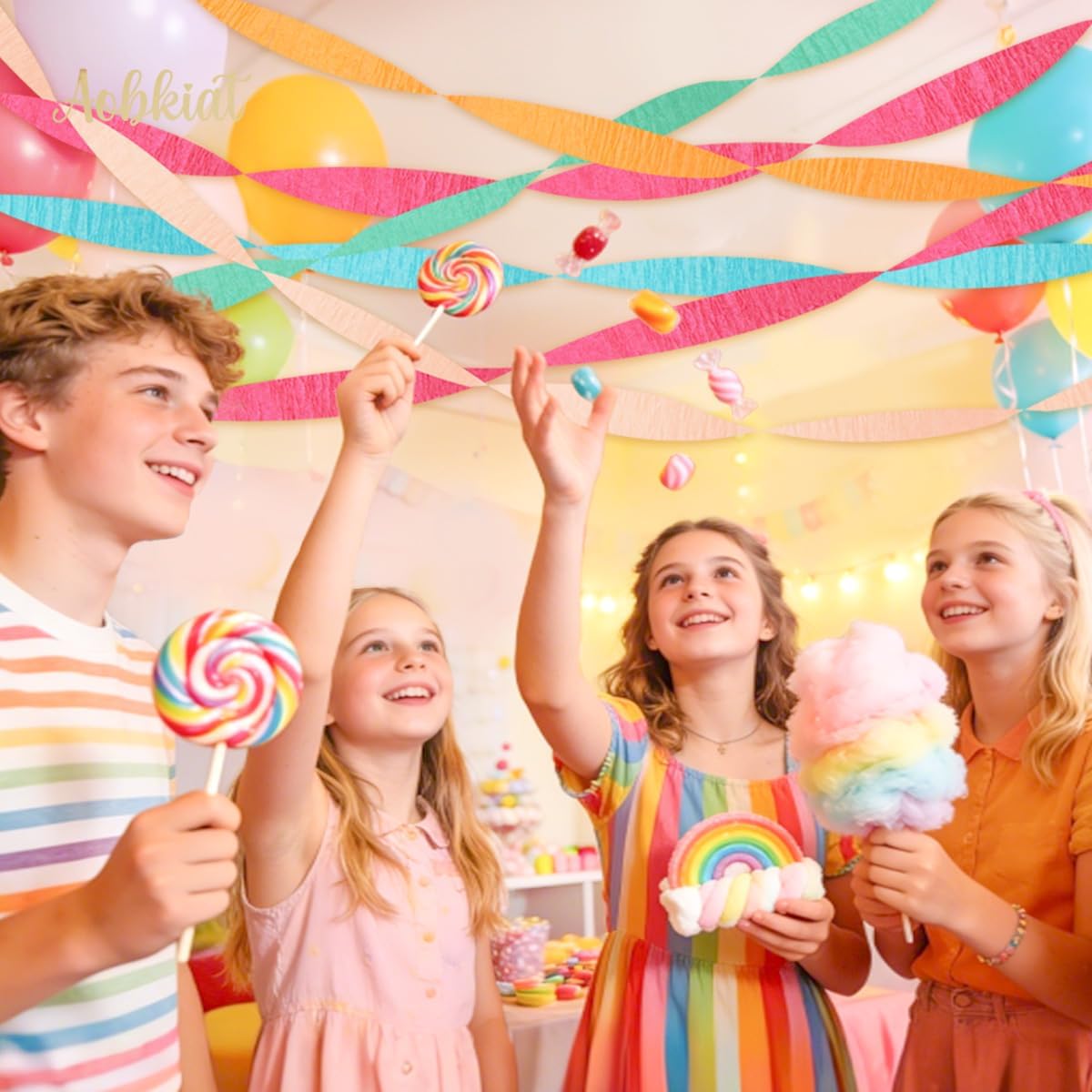 AOBKIAT Colorful Streamers Party Decorations,5 Rolls Vintage Rainbow Crepe Paper Streamers for Birthday,Candyland Theme Baby Shower,Fiesta,Wedding,Christmas,DIY Craft Crepe Paper,1.8 Inch x 82 Ft/Roll