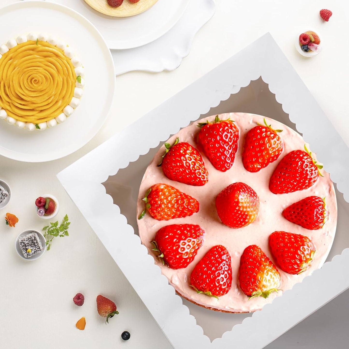 15Pcs 12x12x8 Inch Tall Cake Boxes with Clear Window & Cake Boards - Sturdy White Bakery Boxes with Scalloped Edge for Layer, Wedding, Birthday Cakes - Secure Transport for Professional & Home Bakers