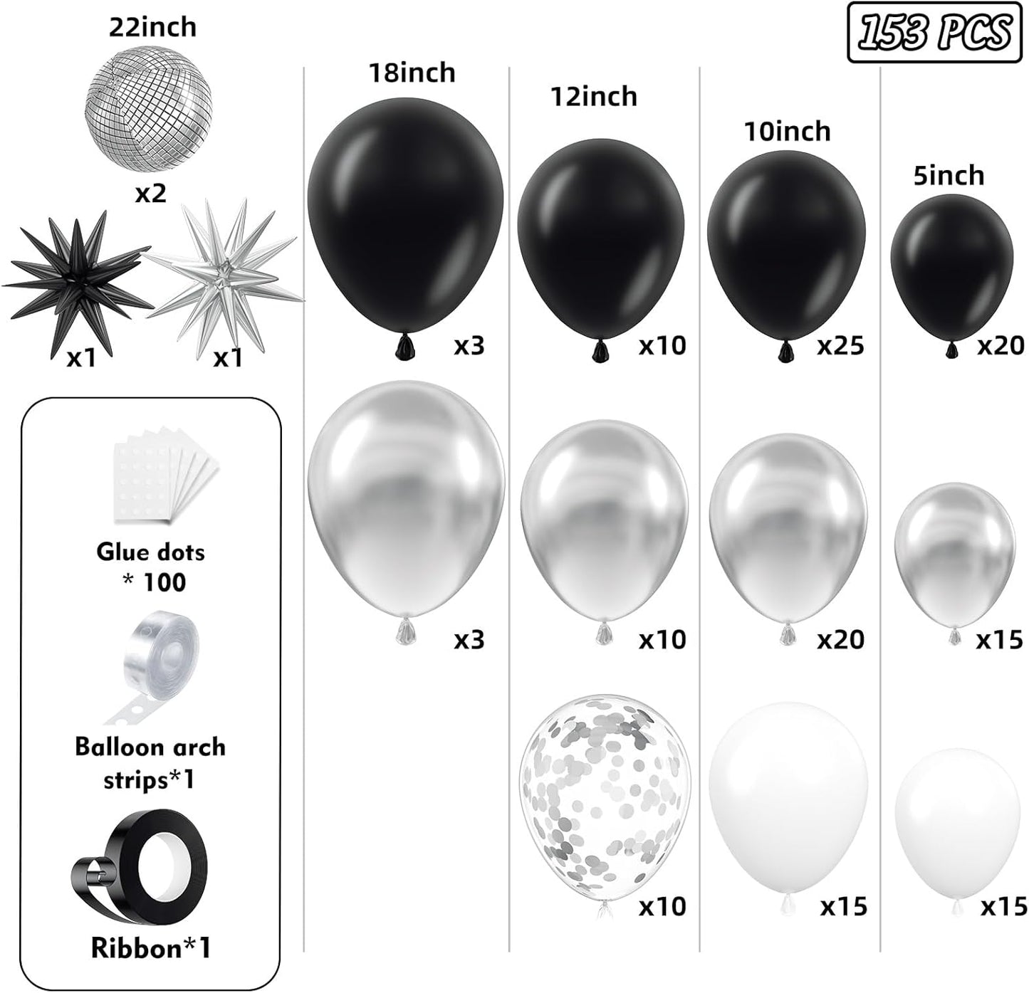 153Pcs Black and Silver White Balloon Garland Arch Kit with Stars, 22 18 12 10 5 inch Disco Ball Balloons Black White Metallic Silver Confetti Balloon for Birthday Graduation Party Decorations
