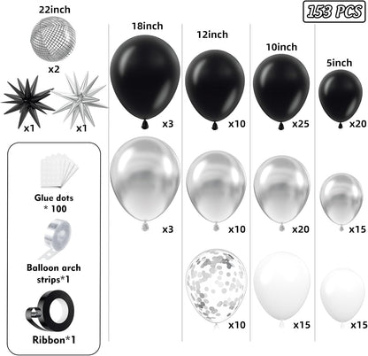 153Pcs Black and Silver White Balloon Garland Arch Kit with Stars, 22 18 12 10 5 inch Disco Ball Balloons Black White Metallic Silver Confetti Balloon for Birthday Graduation Party Decorations