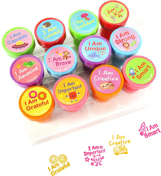 TINYMILLS 12 Pcs Positive Affirmation Stamp Kit for Kids - Positive Mindfulness Self Inking Stamps Gift Party Favors