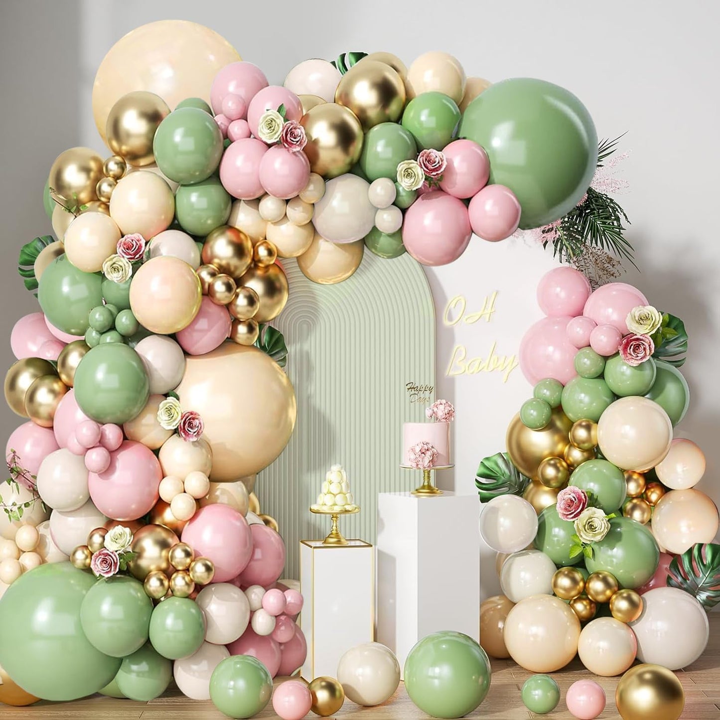 Pink Gold White Balloon Arch Kit - 144 PCs Pastel Light Pink and Beige Sand White Gold Chrome Balloons for Mothers Day Girls Women Birthday Bridal Shower Engagement Wedding Party Decorations