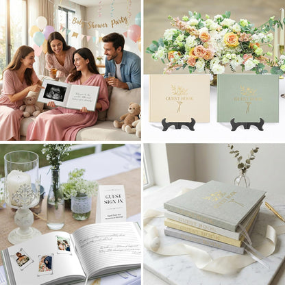 Wedding Guest Book for Memorial Service with 216 Photo Corners Stickers, Linen Guestbook to Sign at Bridal Shower or Wedding Reception Party,100 Pages, Blank Thick Paper Books for Baby Shower- Sage