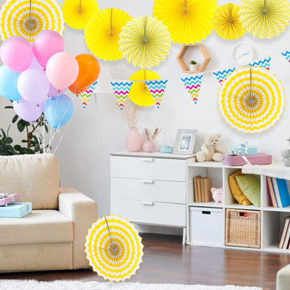 LRCXL 12PCS Party Hanging Paper Fans Set, Fiesta Round Pattern Paper Garlands Decoration Party Supplies for New Year Baby Shower Birthday Wedding Graduation Events Accessories(Yellow)