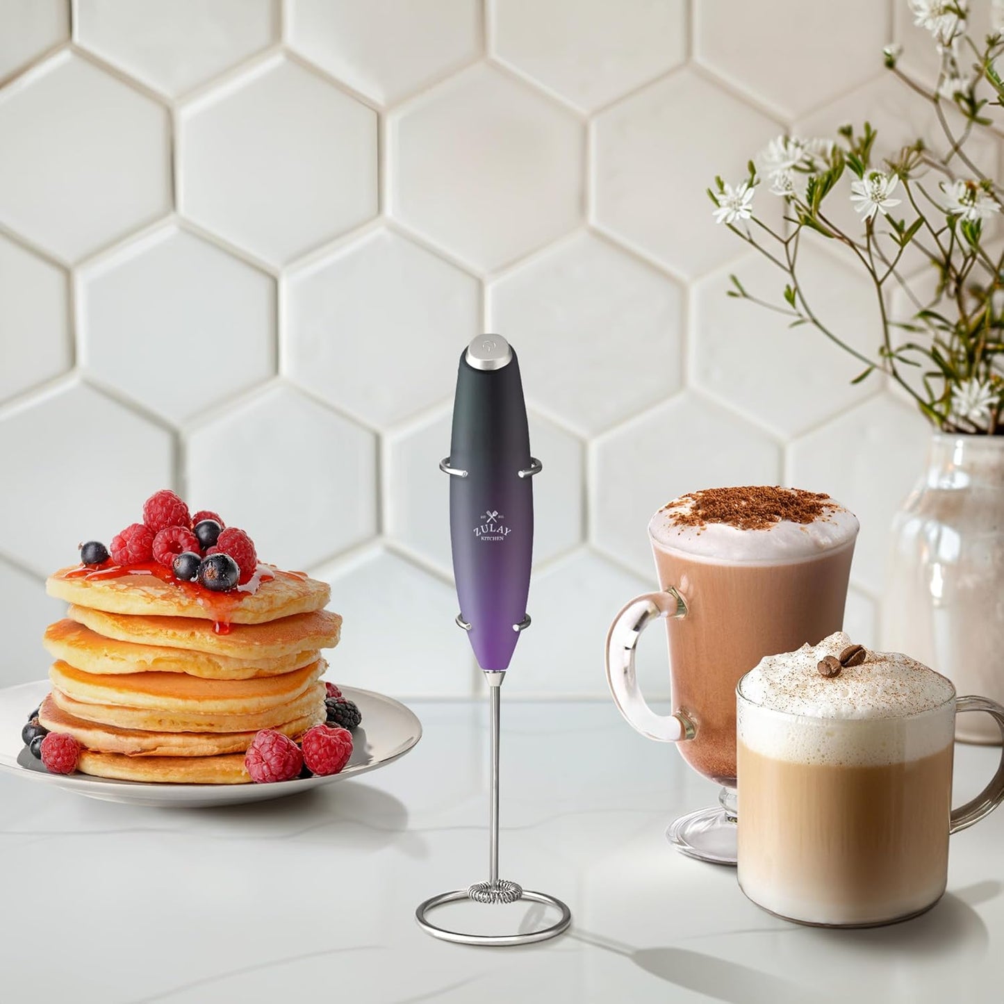 Zulay Kitchen Powerful Milk Frother Wand With Duracell Batteries - Ultra Fast Handheld Drink Mixer - Electric Whisk Foam Maker for Coffee, Lattes, Cappuccino & Matcha - Z1 Motor - Black - Colors B