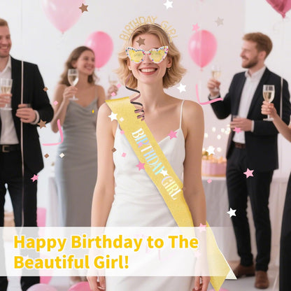 3Pcs Birthday Girl Sash Headband Set-Birthday Sash Tiara and Crown Sunglasses for Girls Women
