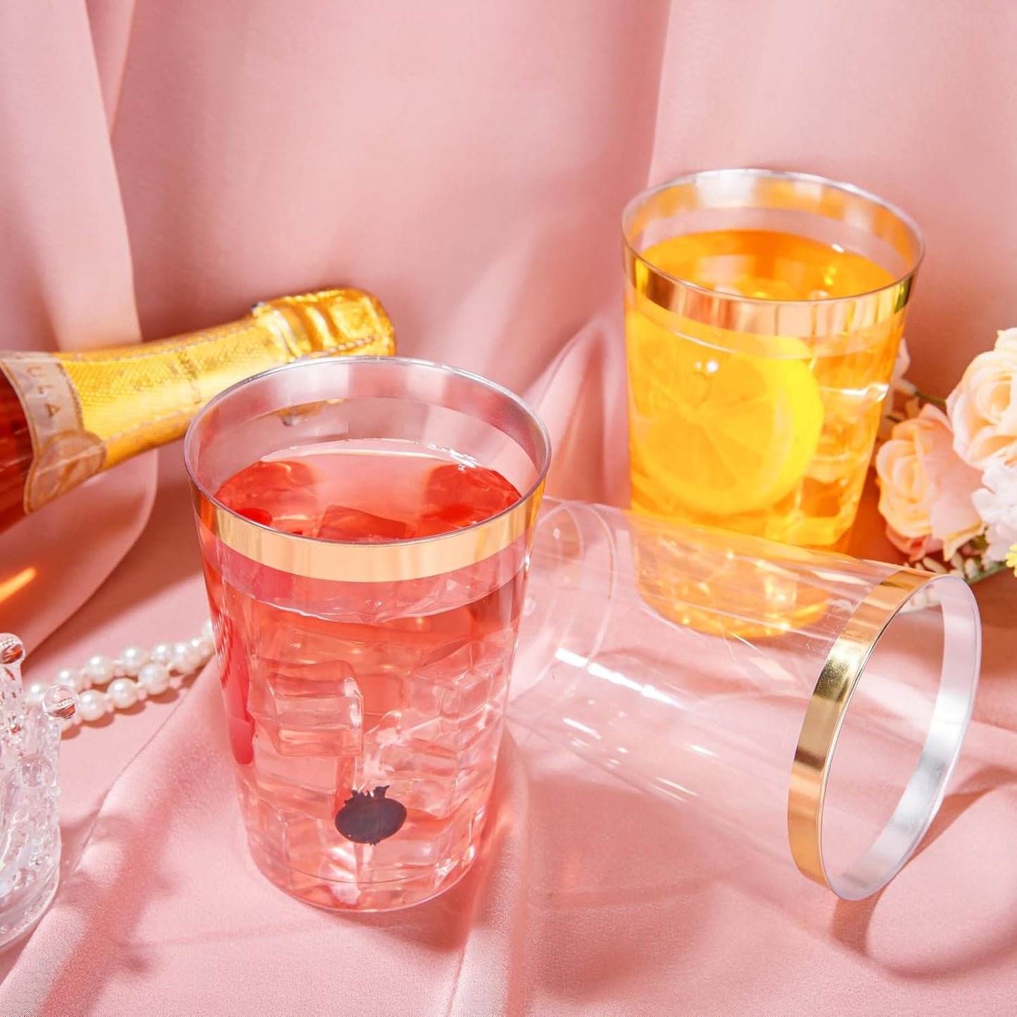 I00000 100 Pack 12 oz Gold Plastic Cups, Gold Rimmed Disposable Cups, Disposable Wine Glasses Cocktail Glasses Premium Cup with Golden Rim, 12 Ounce Plastic Tumblers for Party & Wedding