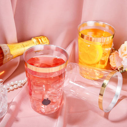 I00000 100 Pack 12 oz Gold Plastic Cups, Gold Rimmed Disposable Cups, Disposable Wine Glasses Cocktail Glasses Premium Cup with Golden Rim, 12 Ounce Plastic Tumblers for Party & Wedding