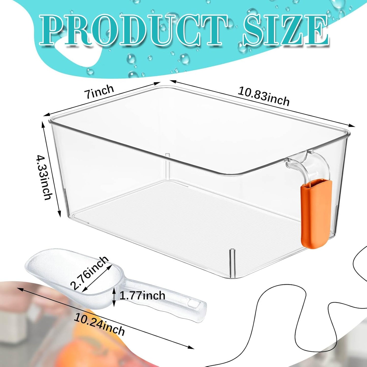 Havawish Ice Storage Bin and Flexible Scoop Set Plastic Freezer Bin with Pull Out Handle Storage Bucket Clear for Container with Scoop(Grey,10.83 x 4.92 x 4.33 in,Classic)