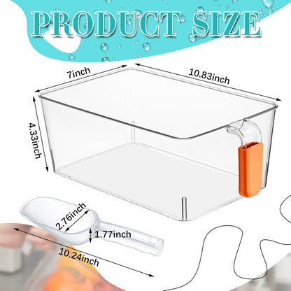 Havawish Ice Storage Bin and Flexible Scoop Set Plastic Freezer Bin with Pull Out Handle Storage Bucket Clear for Container with Scoop(Grey,10.83 x 4.92 x 4.33 in,Classic)