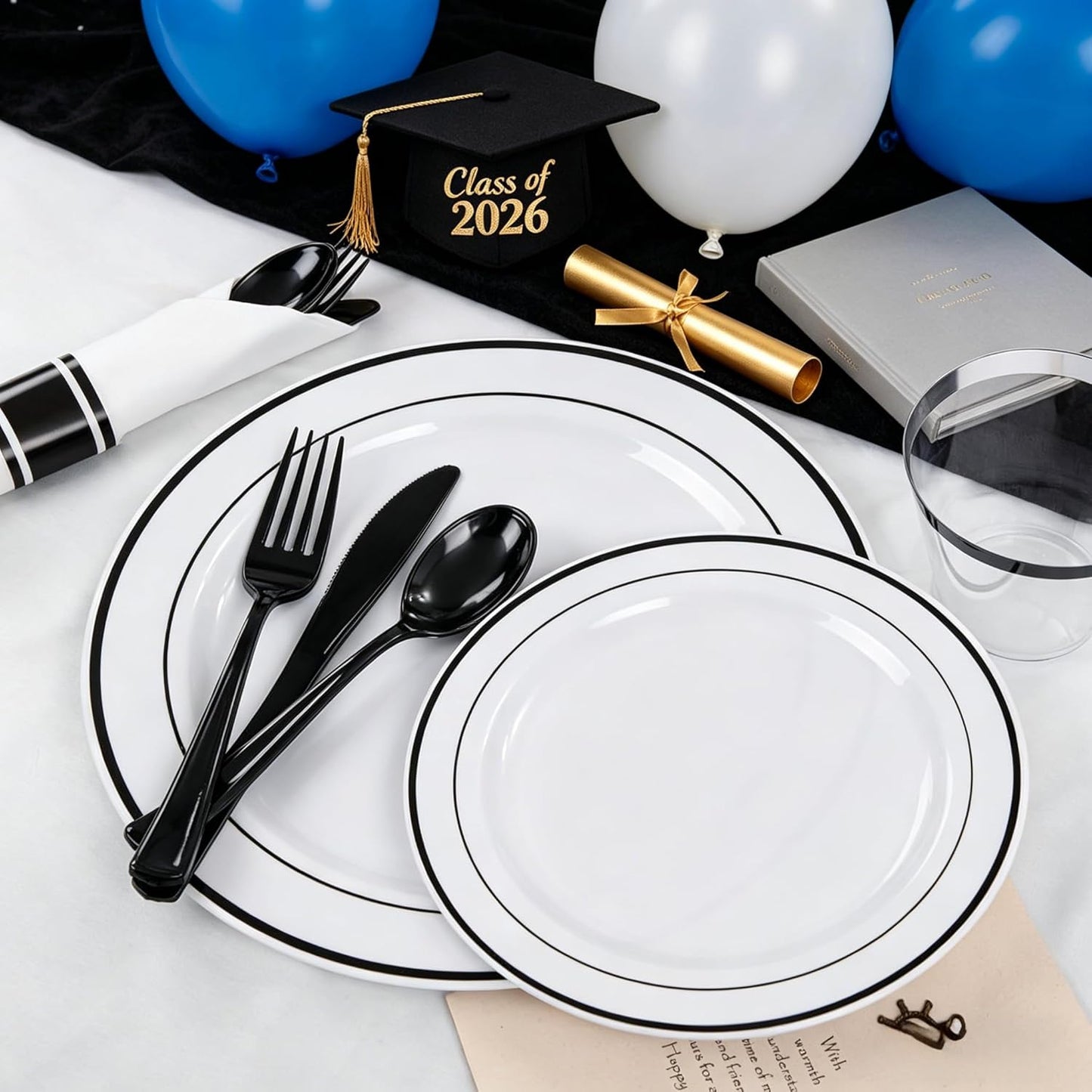 WELLIFE 350-Piece Gold Disposable Plates and Cutlery Set - Premium 10.25" Dinner Plates, 7.5" Dessert Plates, 9oz Cups & Cutlery for Weddings, Catering Events - 50 Guest Service - Elegant & Sturdy