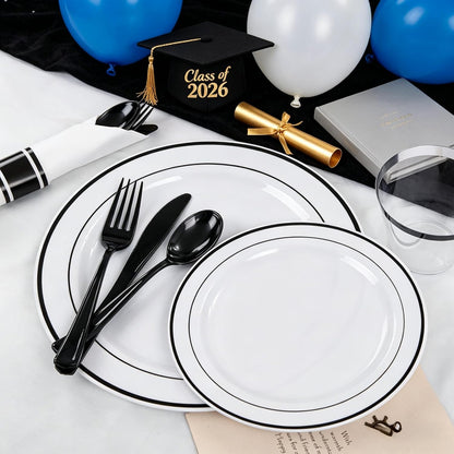 WELLIFE 350-Piece Gold Disposable Plates and Cutlery Set - Premium 10.25" Dinner Plates, 7.5" Dessert Plates, 9oz Cups & Cutlery for Weddings, Catering Events - 50 Guest Service - Elegant & Sturdy