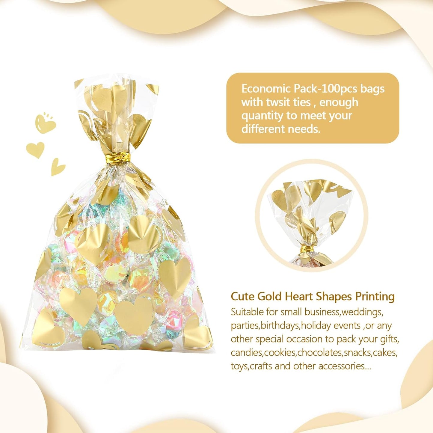 100 Pcs Star Printed 5"X 7" Gift Wrap Cello Cellophane Treat Bags Party Favor bags Clear Candy Cookie Bag Plastic Poly Goodie Storage Bag with Twist Ties for Bakery,Birthday, Wedding ,Party Decorations (Gold)