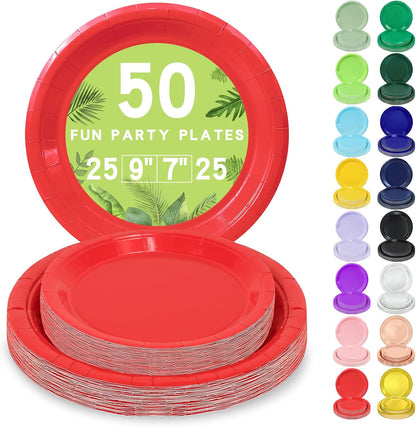 LANLISA 50 Pcs Pink Paper Plates Disposable, 25-9" & 25-7" Disposable Birthday Cake Dessert Plates For Valentines Day, Baby Shower, Easter Party, Mothers Day Party Supplies