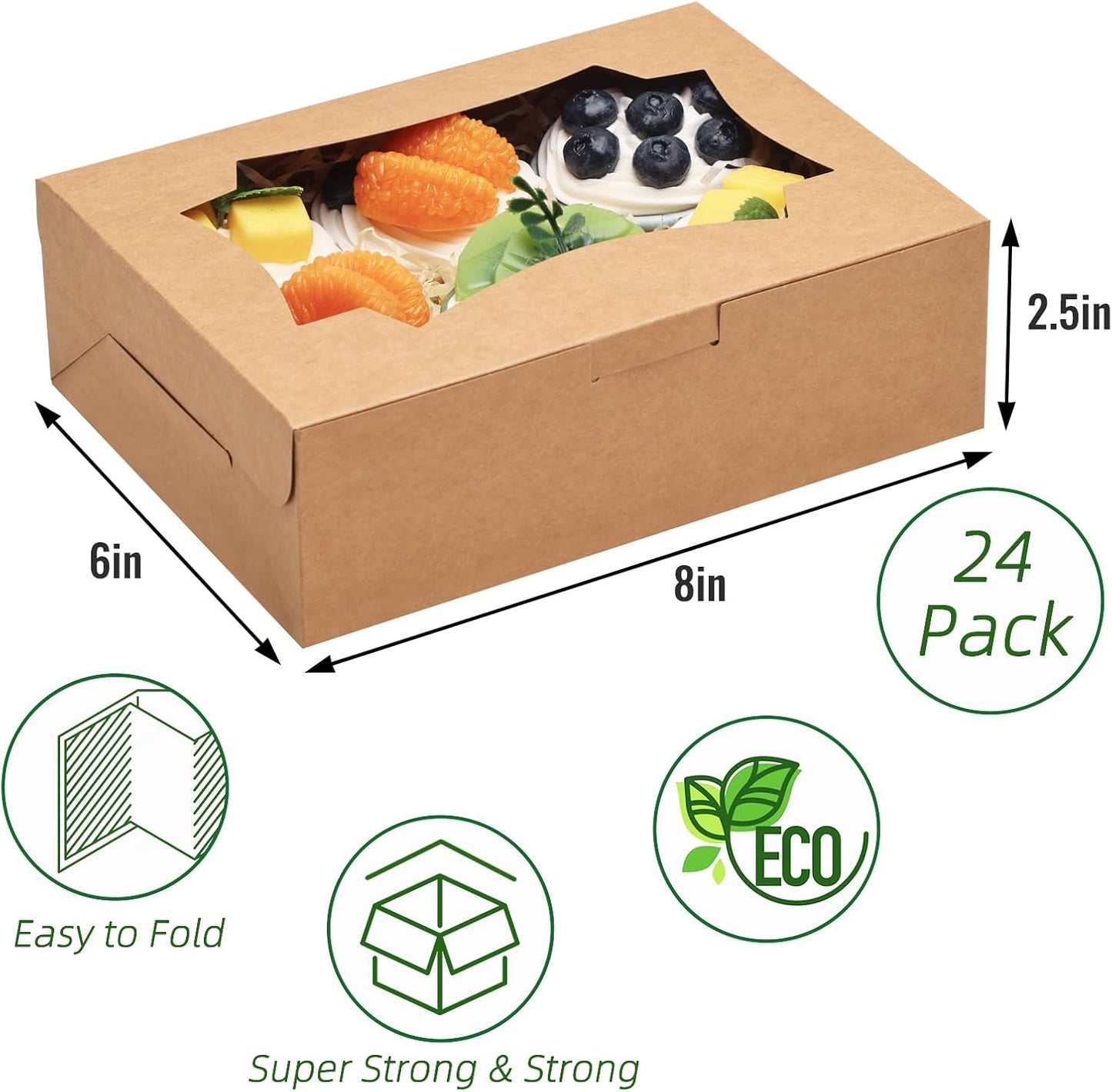 TOMNK 12pcs 8x6x2.5 Inches Brown Bakery Boxes with Window, Cookie Boxes for Chocolate Strawberries, Donuts, Cupcakes, Muffins and Dessert