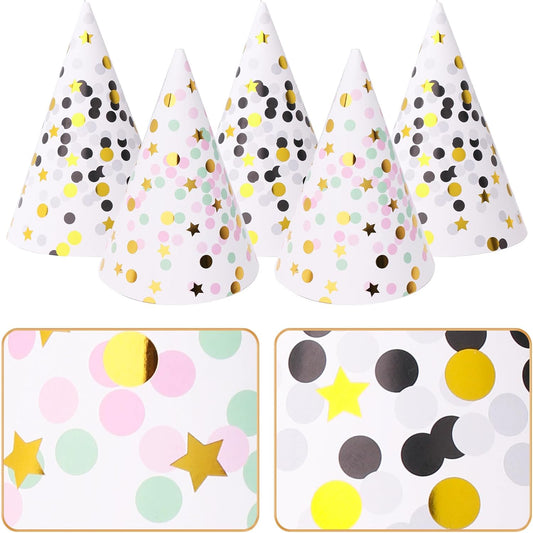 Boieo Party Hats Birthday Cone Hat for Adults Kids Gold Polka Dot Paper with Elastic String 12 pcs