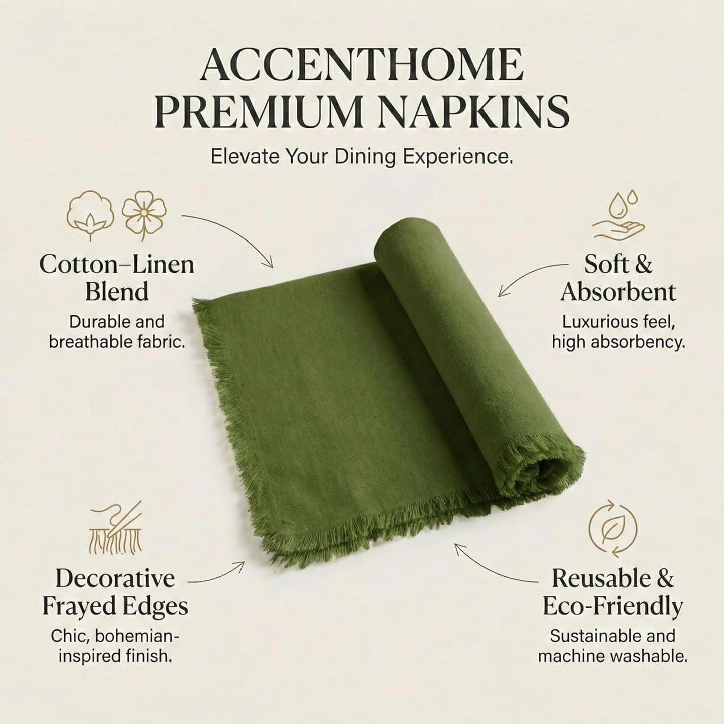 ACCENTHOME Natural Cotton Linen Napkin Set of 12 18x18 inch Dinner Napkins - Washable Soft Premium Hotel Quality Reusable Hemmed Edges Napkins Perfect Table Linens for Family Dinners, Weddings