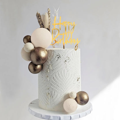 Khaki Balls Cake Topper Boho Grass Cake topper Khaki White Gold Pearl Balls Happy Birthday Cake Decorations for Wedding Birthday Boho Themed Supplies (Khaki)