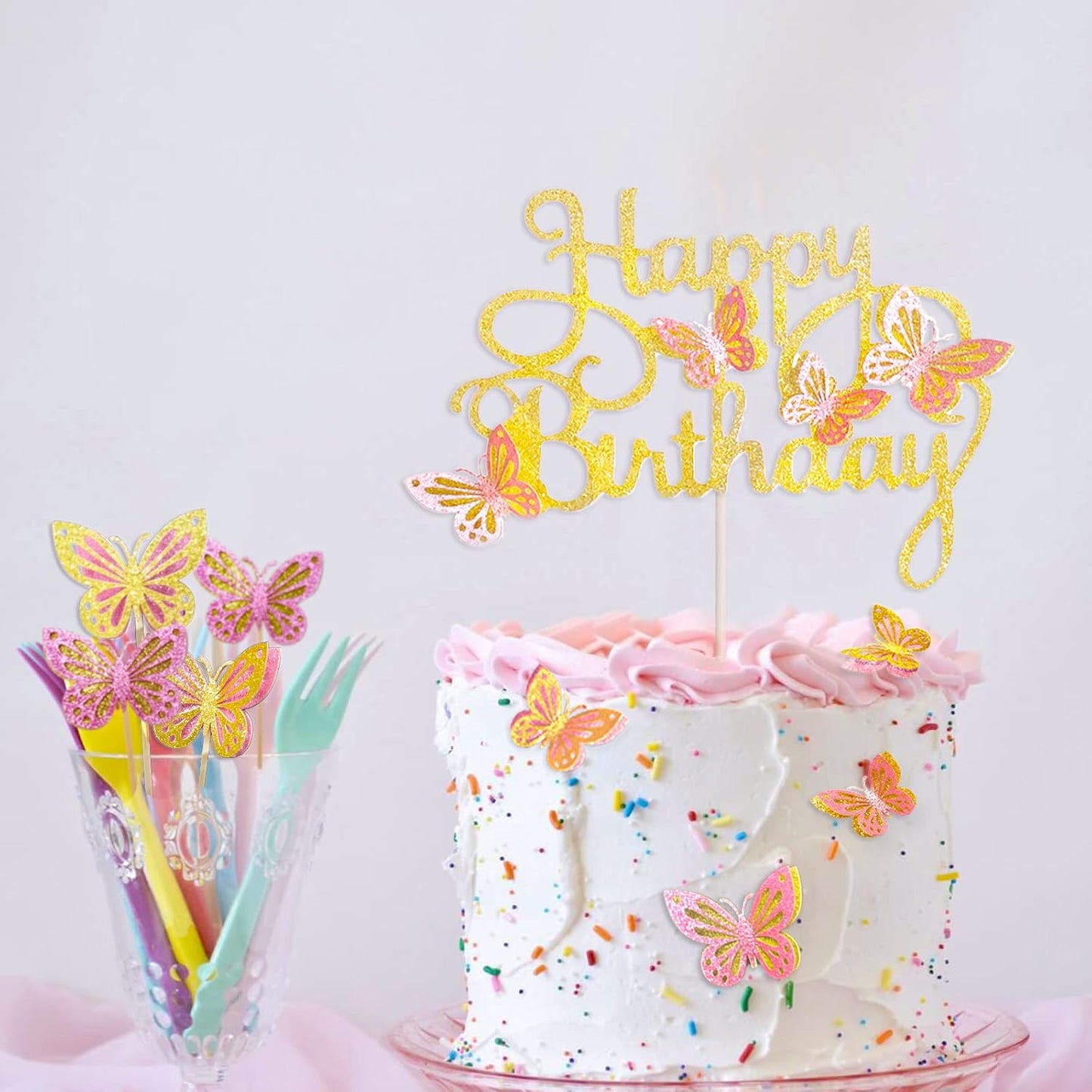 13-Pieces 3D Butterfly Cupcake Topper for Girls Women's Happy Birthday Cake Decorations Party Decorations(Pink)