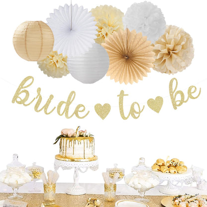 Champagne-Gold Beige Fall Baby-Shower Party-Decorations - 36pcs Welcome Home Banner Sign,Neutral Paper Lanterns,Girl Streamers Garland,Boho Hanging Tissue Pom Poms Flowers Fans Backdrop Decor Burgleda