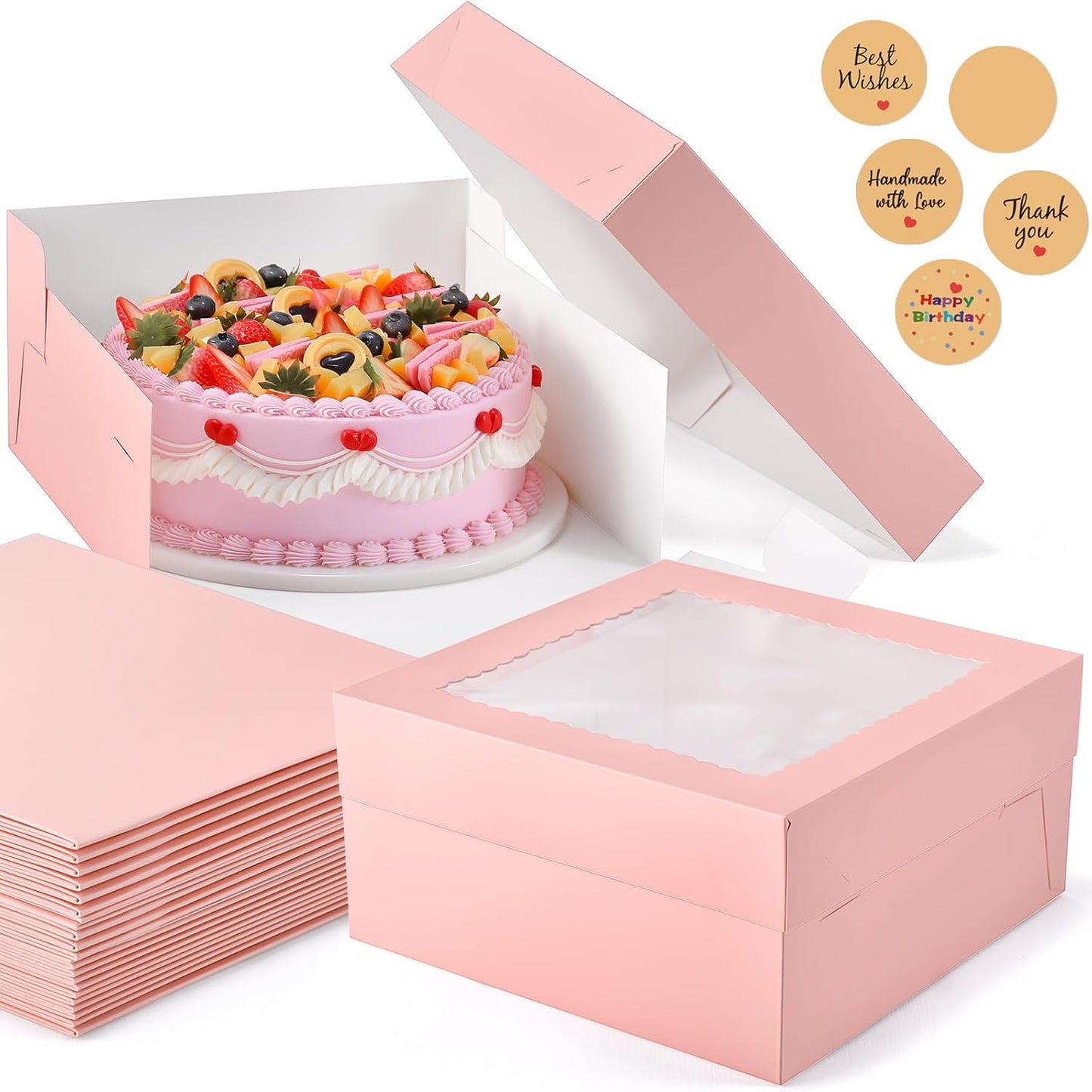 12Pcs 8x8x8 Inches Cake Boxes, Pink Square Bakery Boxes with Window, Disposable Cake Carrier Container for Pastries, Pie, Cookies, Chocolates, Cupcakes, Birthday Party, Wedding