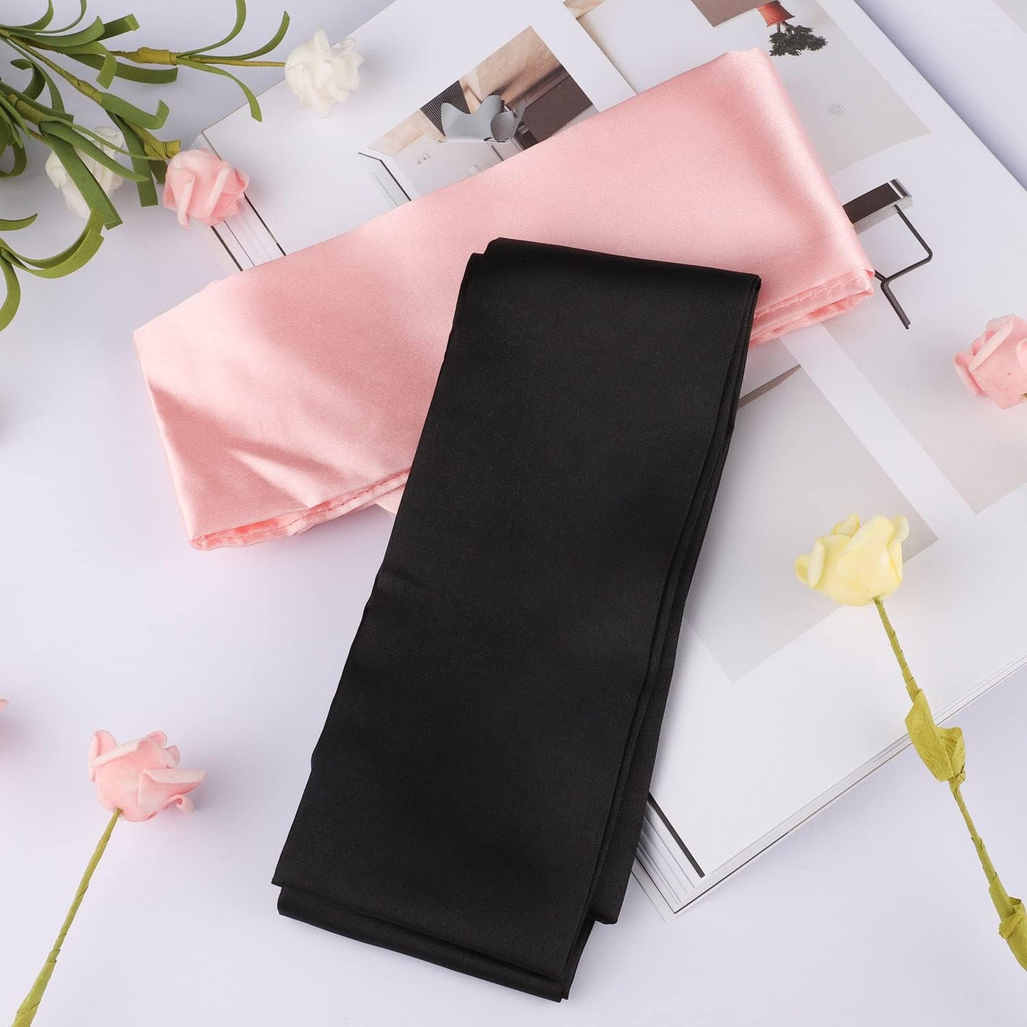2Pcs Satin Eye Mask Sleep Mask, Adjustable Blindfold Soft Satin Eye Covers Gift for Travel, Nap, Meditation,157cm/62inch (Black+Pink)
