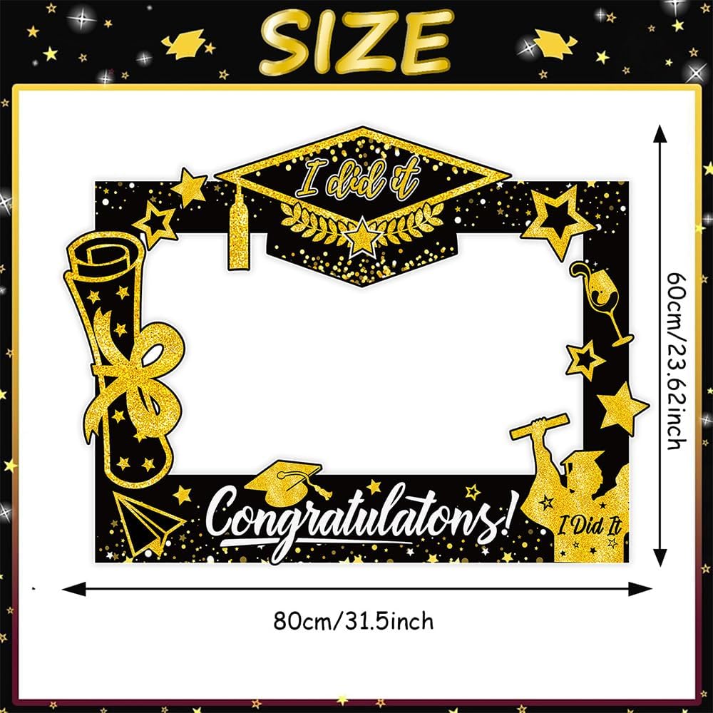 31 Pcs Graduation Photo Booth Props with Paper Big Frame 2026 Grad Party Supplies Gold Black Selfie Photo Props Funny Selfie Photos Frame Graduation Party Photography Decoration