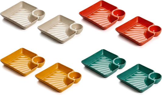 8-Pack 4-Color Chip and Dip Plates with Sauce Compartment, Reusable PP Plastic Divided Serving Trays, Stackable for Appetizer Salsa Dumpling Sushi, Dishwasher Safe