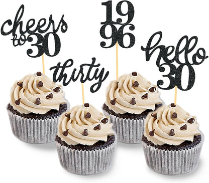 24 PCS Glitter 30th Birthday Cupcake Toppers for Celebrating Thirty Years Old Birthday Party Decorations for 30th Anniversary Party Supplies (Gold)