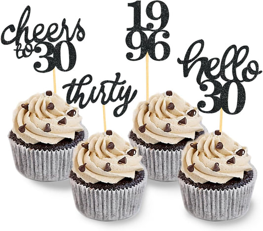 24 PCS Glitter 30th Birthday Cupcake Toppers for Celebrating Thirty Years Old Birthday Party Decorations for 30th Anniversary Party Supplies (Gold)