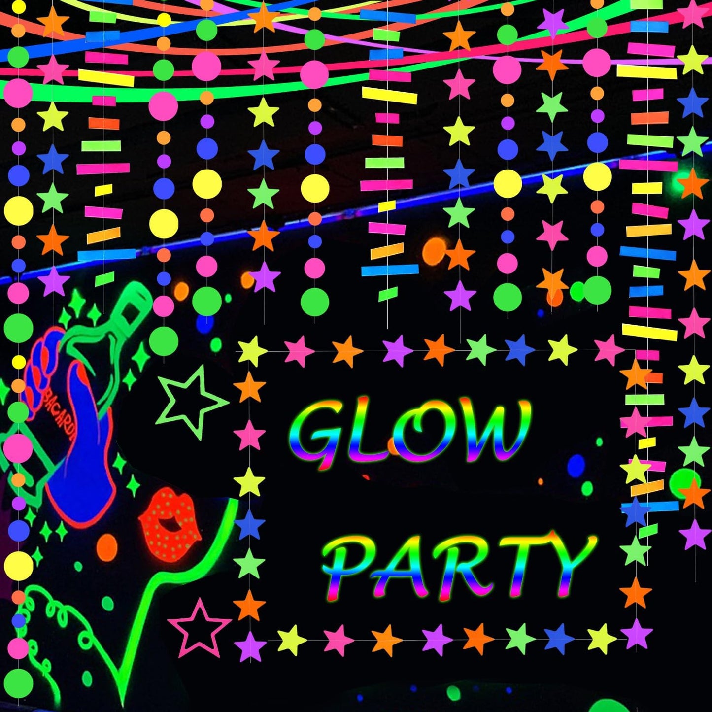 56 Pieces Rainbow Hanging Swirl Decorations Neon Swirl Streamers UV Neon Garland Ceiling Decorations Glow in The Dark Neon Party Supplies and Decorations Black Light Party Kit for Birthday Wedding