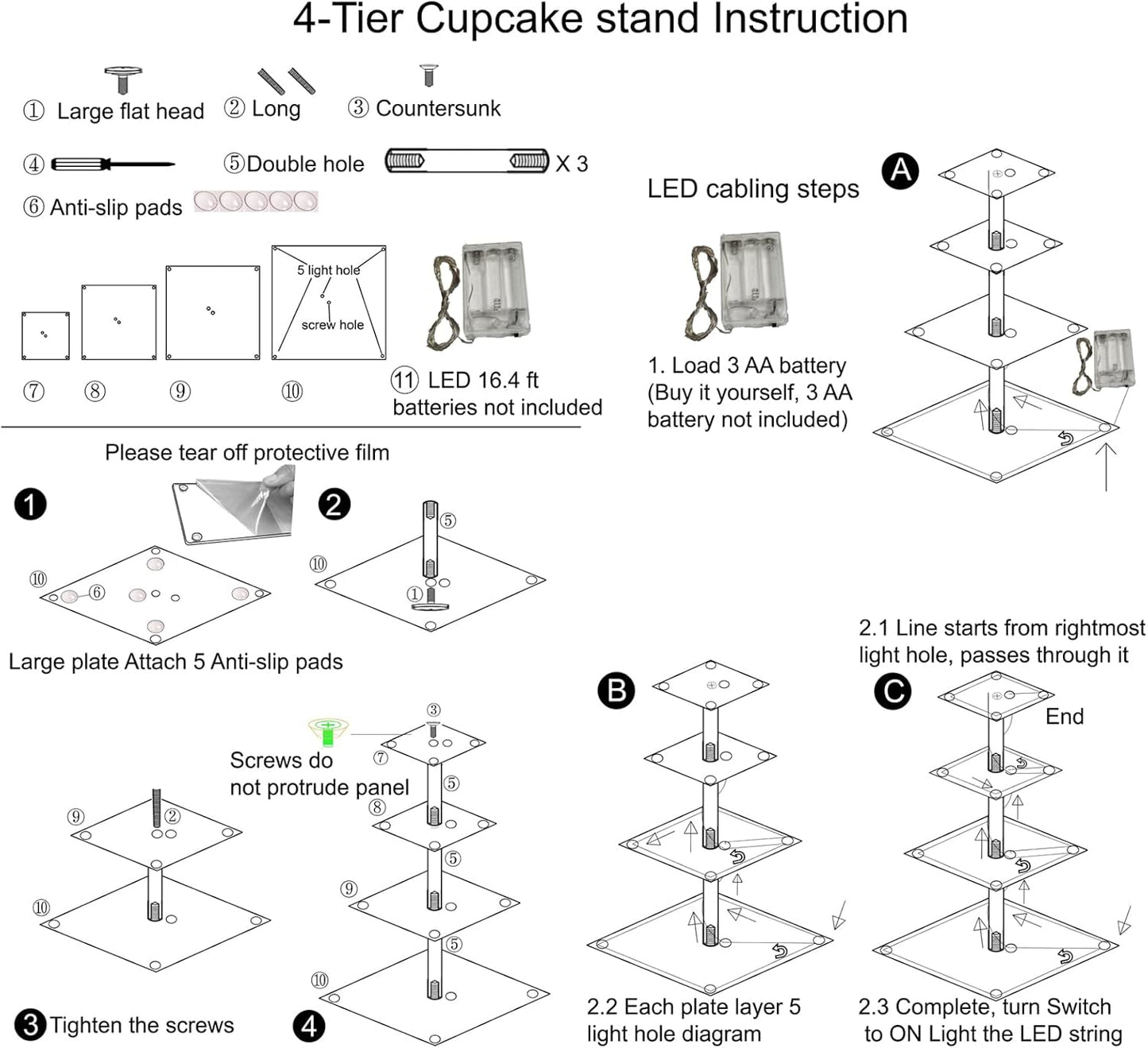 HENABLE 4 Tier Premium Cupcake Stand Cupcake Holder, Acrylic Cupcake Tower with LED Yellow Light for Cupcakes, Dessert Table Display Set for Birthday, Bar, Decor Weddings, Parties Events