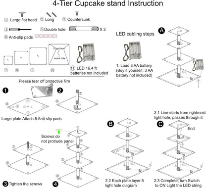 HENABLE 4 Tier Premium Cupcake Stand Cupcake Holder, Acrylic Cupcake Tower with LED Yellow Light for Cupcakes, Dessert Table Display Set for Birthday, Bar, Decor Weddings, Parties Events