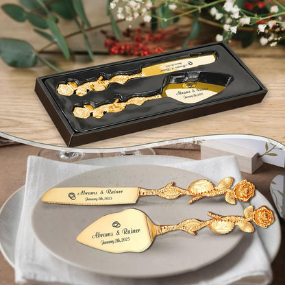 HJX Personalized Wedding Cake Knife and Server Set with Champagne Flutes, Custom Name Text Toasting Glasses for Bride and Groom, Cake Cutting Set Ideal Wedding Engagement Bridal Shower Gift