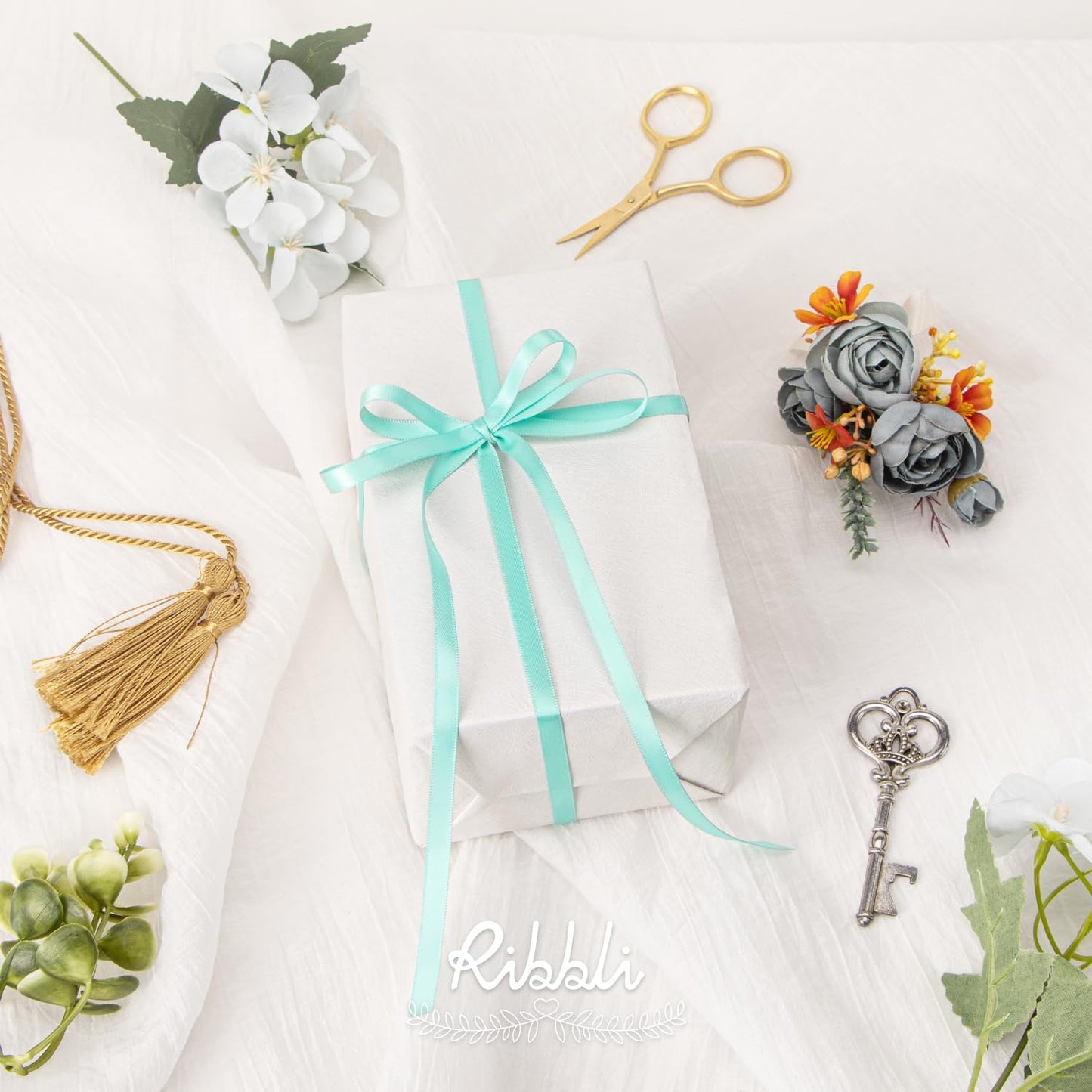 Ribbli Double Faced White Satin Ribbon,3/8” x Continuous 25 Yards,Fabric Ribbon use for Bows Bouquet,Gift Wrapping,Floral Arrangement