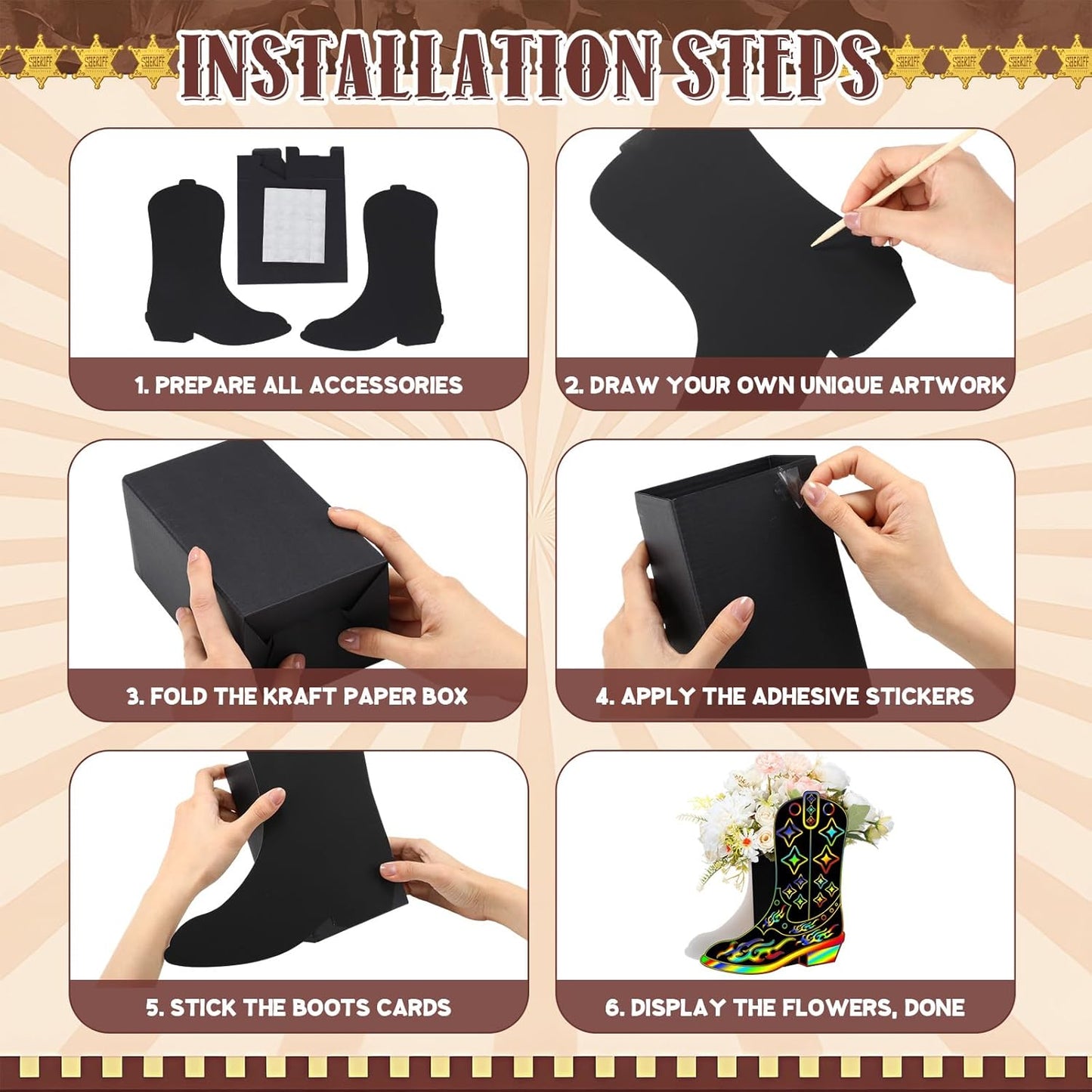 Dunzoom 8 Set DIY Western Cowboy Boots Flower Boxes Crafts Western Cowgirl Centerpiece for Table Cowboy Boot Scratch Art Kit Cowgirl Flower Boxes to Paint Wedding Birthday Party Supplies(Brown)