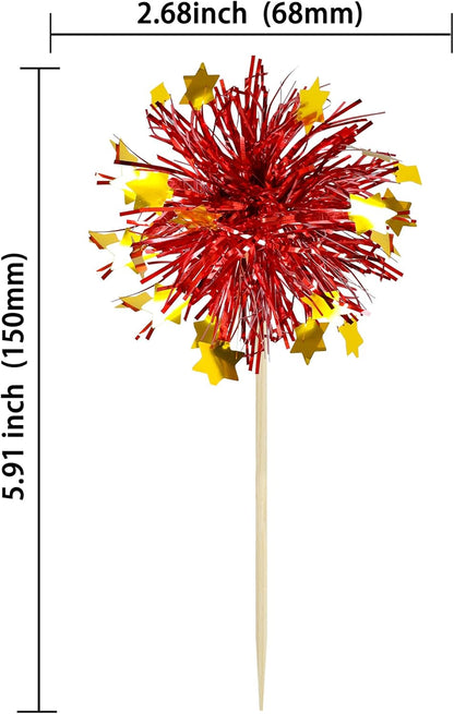 Ephlyn 30Pcs Foil Firework Cupcake Toppers Sparkle Tinsel Cupcake Picks Drink Stirrers Cocktail Food Fruit Toothpicks for Baby Shower Graduation Party Supplies White