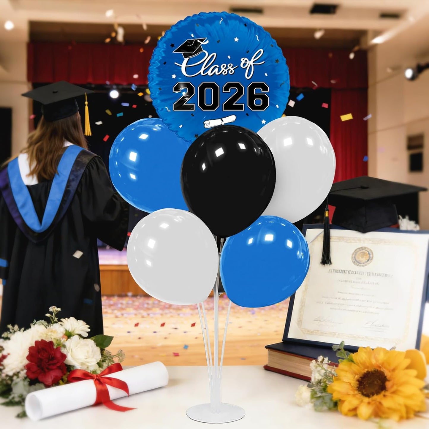 Graduation Decorations - 4 Set Balloon Stands, Class of 2026 Congrats Grad Table Centerpieces for Graduation Party Supplies(Gold& Black)