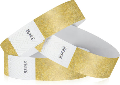 100 WristCo Metallic Gold Tyvek Wristbands for Events - ¾” x 10” - Waterproof Recyclable Comfortable Tear Resistant Paper Bracelets Wrist Bands for Concerts Festivals Admission Party