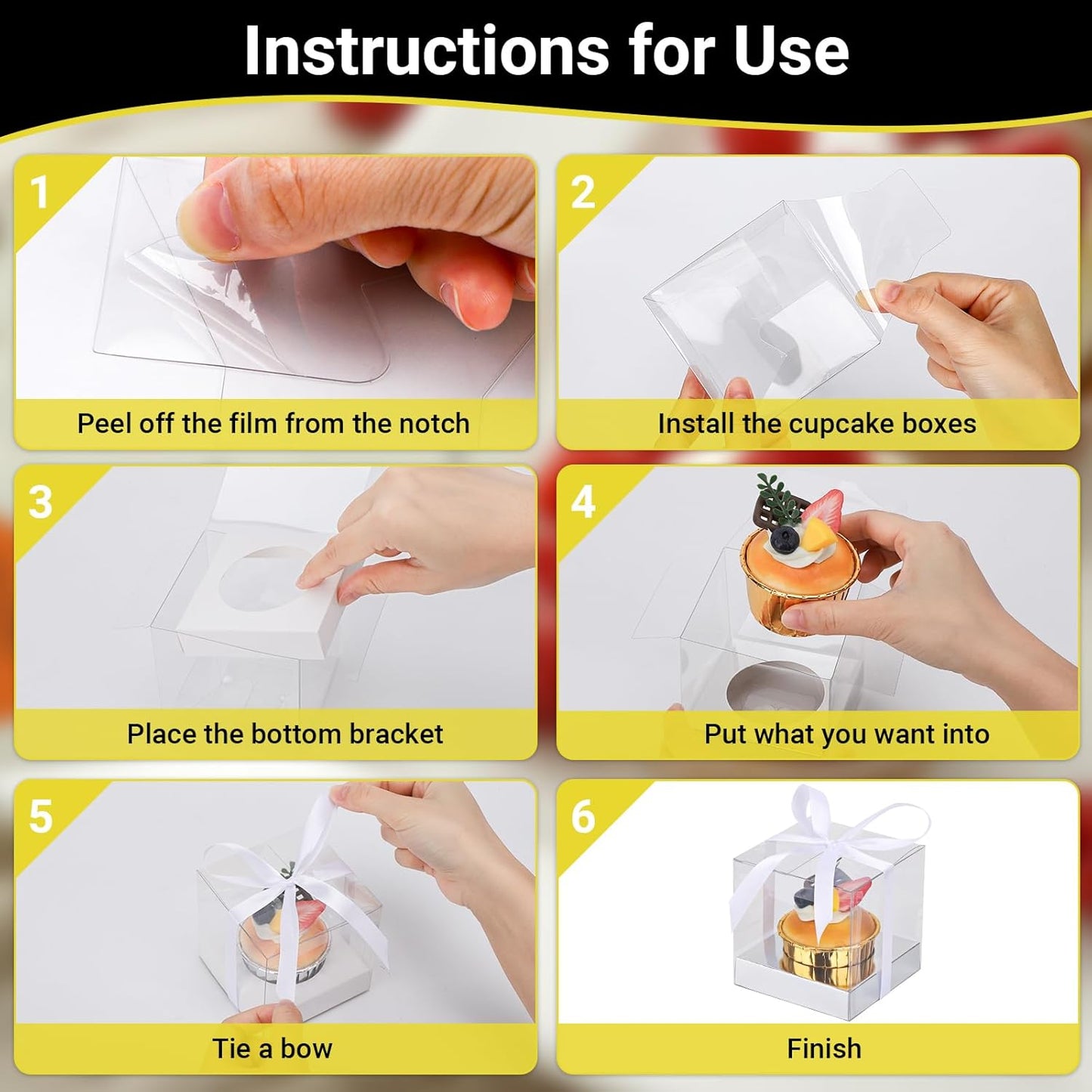 EUSOAR Individual Cupcake Holder, 50pcs 3.5 Inch Plastic Black Cupcake Containers with Lids, Single Transparent Display Clear Cupcake Carrier with Ribbon and Inserts for Wedding Party Favor