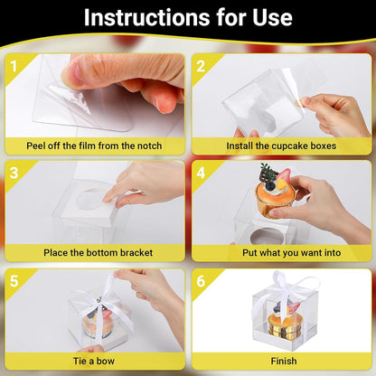 EUSOAR Individual Cupcake Holder, 50pcs 3.5 Inch Plastic Black Cupcake Containers with Lids, Single Transparent Display Clear Cupcake Carrier with Ribbon and Inserts for Wedding Party Favor