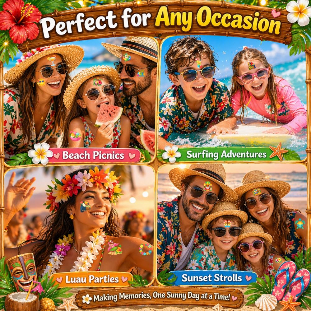 96PCS Tropical Flower Hawaiian Temporary Tattoos Pre-Cut - Hibiscus Plumeria Stickers Beach Summer Hawaiian Birthday Party Decorations, Supplies & Favors - School Gifts Rewards Prizes for Girls Women