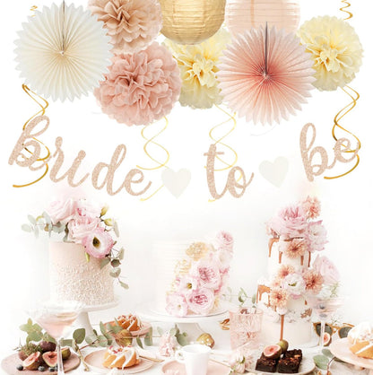 Champagne-Gold Beige Fall Baby-Shower Party-Decorations - 36pcs Welcome Home Banner Sign,Neutral Paper Lanterns,Girl Streamers Garland,Boho Hanging Tissue Pom Poms Flowers Fans Backdrop Decor Burgleda