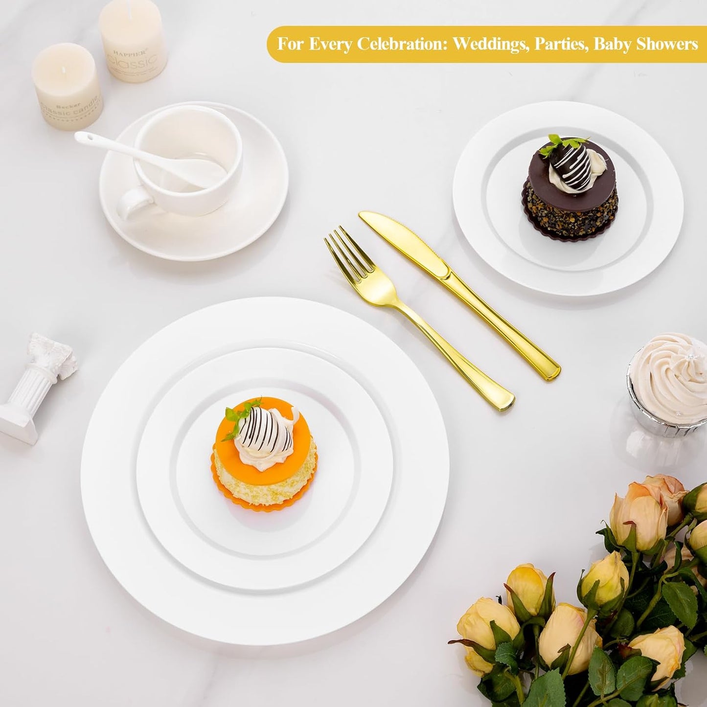 Goodluck 200PCS Gold Plastic Plates, Heavy Duty Disposable Gold Plates with 100 10.25 inch Dinner Plates and 100 7.5 inch Dessert Plates for Party, Holiday, Wedding, Thanksgiving