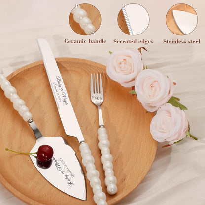 Pearl Wedding Cake Knife and Server Set with Forks, Cake Cutting Set with Stainless Steel Serrated Edges, Silver Pie Cutter Pizza Spatula, Gift for Bridal Couples Engagement (Mr & Mrs)