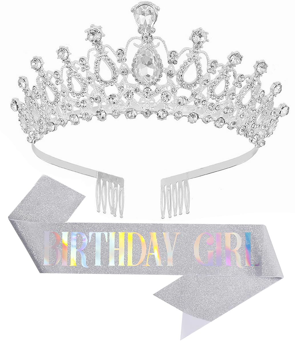 Birthday Tiara Crown with Sash for Women, Headband Hair Accessories for Wedding Party Costume