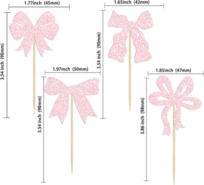 Ephlyn 24Pcs Pink Bow Cupcake Toppers Bow Birthday Cake Topper Girls Birthday Party Decorations Bowknot Cupcake Decorations for Bridal Wedding Themed Party Multi