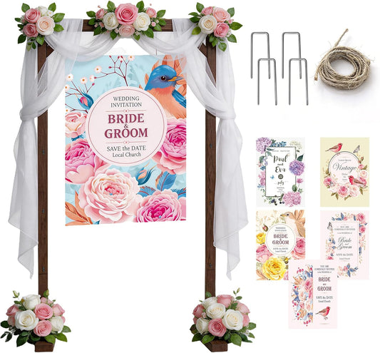 Wedding Welcome Sign Stand, Adjustable Wooden Sign Holder Stand, Heavy Duty Wood Easel with Poster Design Templates & Ground Stakes for Wedding, Bridal Baby Shower, Birthday Party